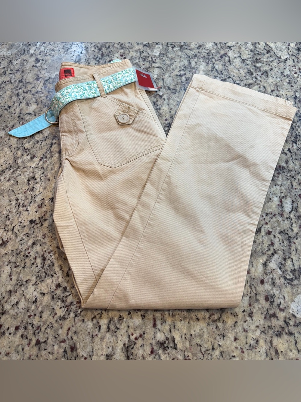 Mossimo Supply Co. Tan Ribbed Textured Pants with Light Blue Floral Belt